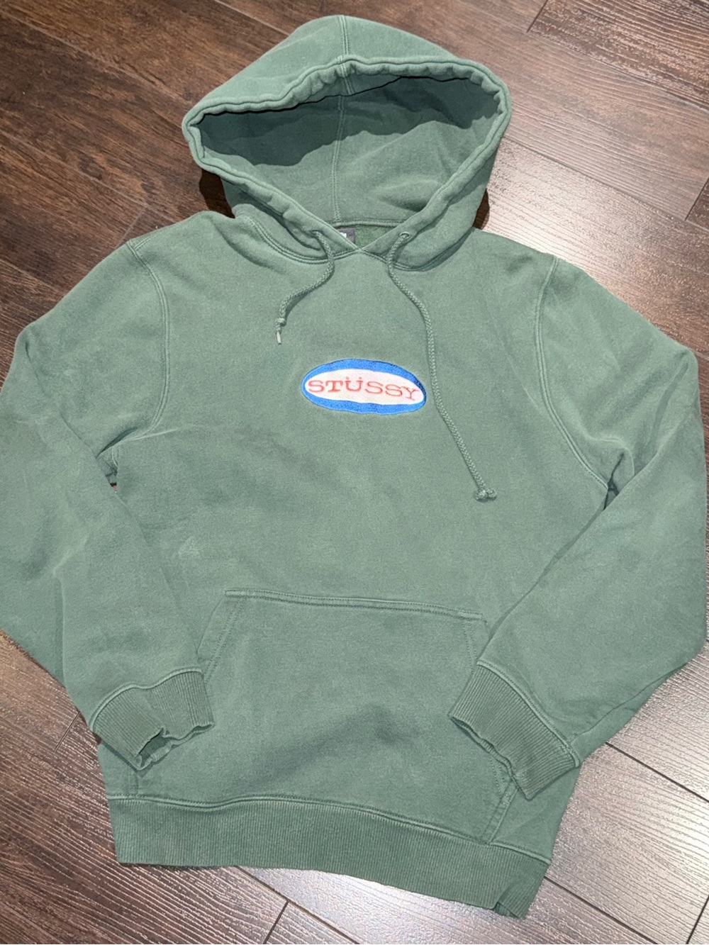 Stussy Oval Embroidered Hoodie Pullover Sweatshirt Men’s Size M Green Faded Worn